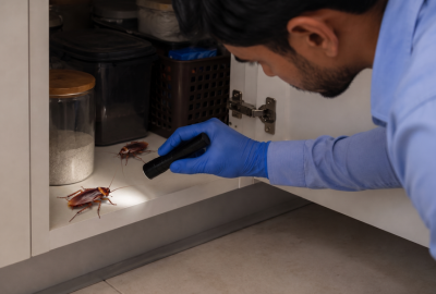 Technician inspecting entry points during pest control in Coimbatore
