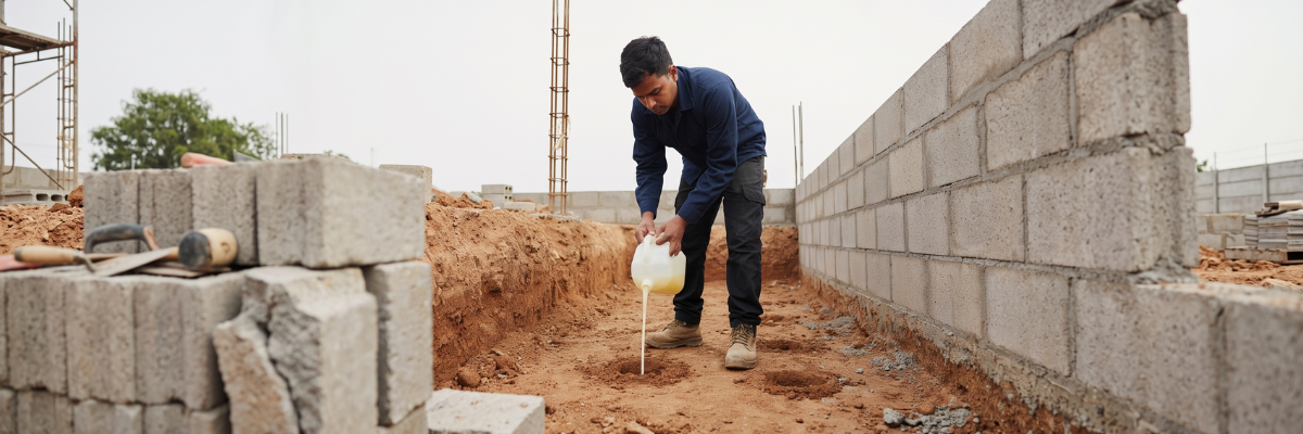 Termite soil treatment for a new home foundation in Coimbatore